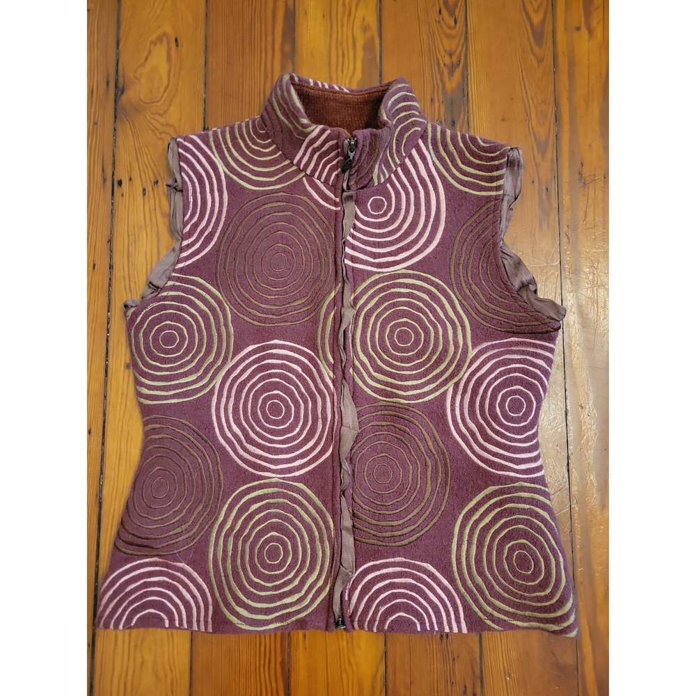 CoVelo Sleeveless Vest Womens L Circle Patterns Wearable Art Vintage Burgundy
